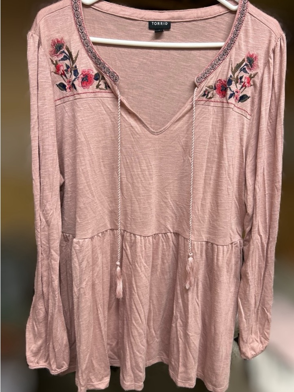 Torrid Dusty Rose Embroidered Tie-Front Peasant Blouse
